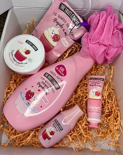Set de Baño Fresa Nata, 5 Piezas, Gel de Ducha, Crema Corporal, Crema de Manos, Esponja de Baño, Rosa