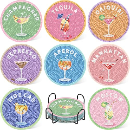 Daisen Art 8 Stück Diamond Painting Untersetzer Cocktail Diamond Painting Coasters with Holder, Cocktail Diamond Coasters, 5D DIY Cocktail Untersetzer rutschfest für Anfänger, Erwachsene & Kinder