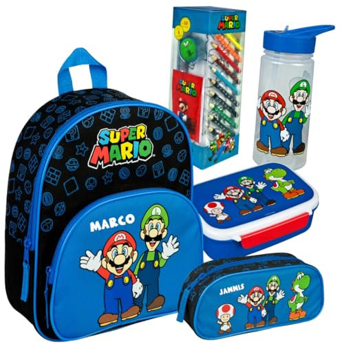 Undercover Kindergartenrucksack Super Mario mit Brotzeitdose Trinkflasche Schlampermäppchen, Personalisiert mit Name, Set Kinderrucksack Brotdose Trinkbecher Federmappe royalblau