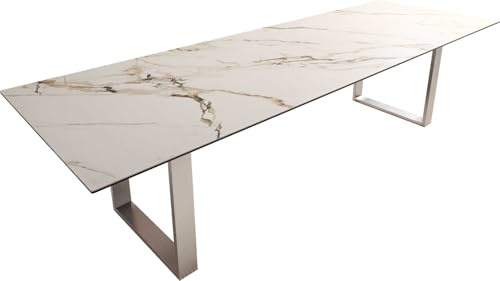 Esszimmertisch Edge Keramik Calacatta Luxe Weiß-Gold-Grau 300x100 Edelstahl | Schmal