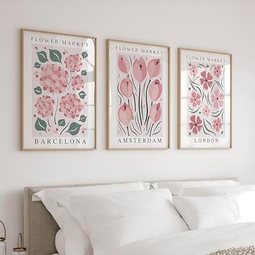 Generisch 3er Poster Set Blumen Poster, Vintage Rosa Blumen Bilder Poster & Kunstdrucke, Schlafzimmer Teenager Mädchen Deko Wandcollagen, Rosa Aesthetic Bilder Poster Blumen (40 X 50 CM)