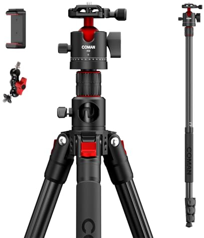 COMAN 181cm Overhead-Stativ,Kamerastativ Mittelsäule und 360-Grad-Kugelkopf | Abnehmbares Einbeinstativ mit Arca QR-Platte, horizontales Stativ für Kamera, DSLR, maximale Tragkraft 5kg