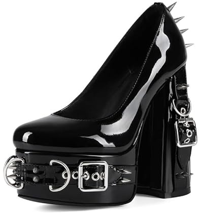 Veelau Meieer Punk Gothic Damen High Heels Plateau Blockabsatz mit Nieten Schnallen