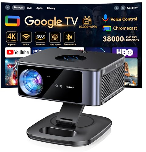 Proyector 4K【1500 ANSI/Google TV/Netflix Oficial】 Horlat 38000Lúmenes Proyector Portatil, Gira 360 °,Full HD 1080P Nativo, WiFi6 &Bluetooth 5.3, Control de Voz Projector en Casa/Exterior