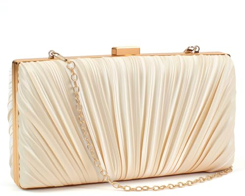 ToKismet Gold Clutch Evening Bags for Women - Champagne Pleated Satin Purse, Formal Wedding Handbag with Scalloped Fan Clasp, Gold Radiant Clutch