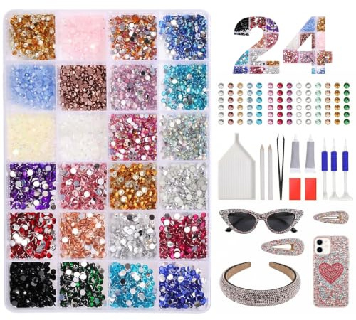 hommova Nail Rhinestones, 24 Colors 3mm Flatback Rainbow Gems with 2 Jewelry Glue for DIY Art Crafts Decoration