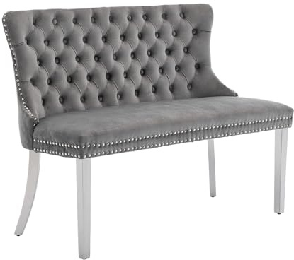 Shenyon Graue Samt-Esszimmerbank mit Rückenlehne, Silberne Edelstahlbeine | Chesterfield-Stil; Knopfheftung; Ziernägel; 116 cm breit; 227 kg belastbar; für Esszimmer, Küche und Flur; einfache Montage