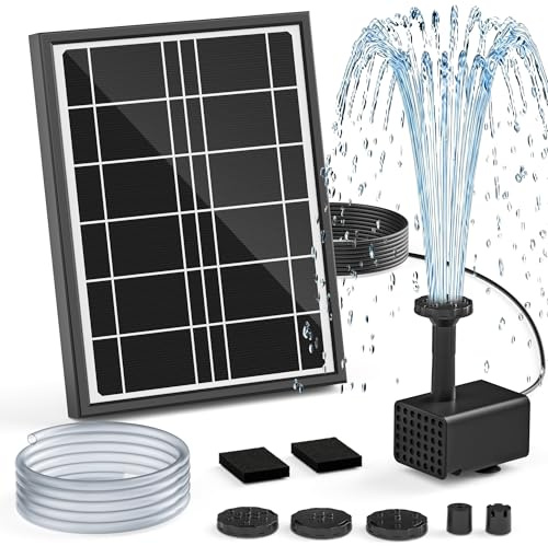 Solar Fountain Pump for Bird Bath, 4W Solar Water Pump with 3M Power Cord, Adjustable Ground Stake, 5 Spray Modes & 1.2M Hose, Dry-Run Protection Low Noise for Garden Small Pond Fish Tank