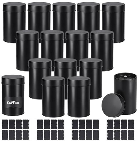 INTERWARM 16 boîte à Thé Boîtes Rondes en Métal de 16 oz avec 4 autocollants Petit Récipient de Cuisine à Double Fermeture Hermétique pour le Rangement du Thé en Vrac du Café du Sucre des (Noir)