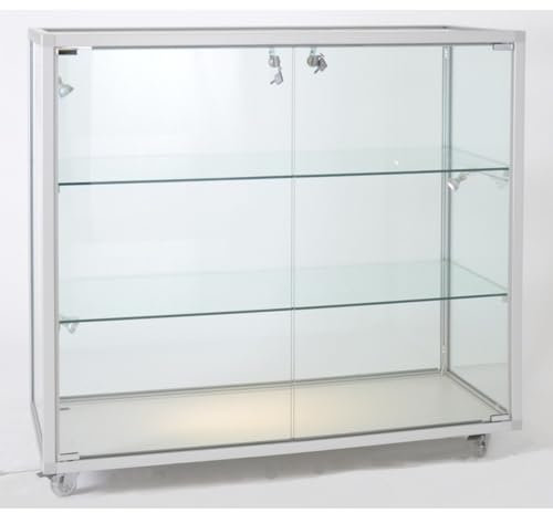 MHN Halbhohe Glasvitrine T 41,5 x B 98 x H 95 cm - breite Thekenvitrine Glas abschließbar - Flache Verkaufsvitrine - ohne Beleuchtung