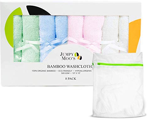 JM Baby Waschlappen - 100% Bambus, ultra-dick 500 g/m², schützt vor Reizungen und Ausschlägen, 25 x 25 cm, Babywaschlappen für Neugeborene, Wickeltisch-Zubehör, inkl. Geschenkverpackung und Wäschesack