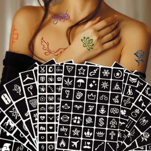340 Stück Glitzer Tattoo Schablonen, XMASIR 16 Blätter Temporäre Tattoos Schablonen Glitzer Airbrush Tattoo Aufkleber für Kinder und Erwachsene(A4 size)