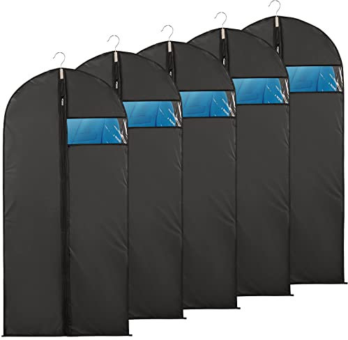 Niviy 5 X kleidersack Lang 60X140 CM Kleiderhülle Anzugtasche Atmungsaktiv Stoff,Mit sichtbarem Fenster Für Anzüge Kleider Mäntel Sakkos Cocktailkleidern Abendkleider Anzugsack Aufbewahrung Schwarz