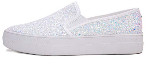FEVERSOLE Women's Fashion Slip On Sneaker Casual Platform Loafers Glitter Multi White Size 7.5 M US