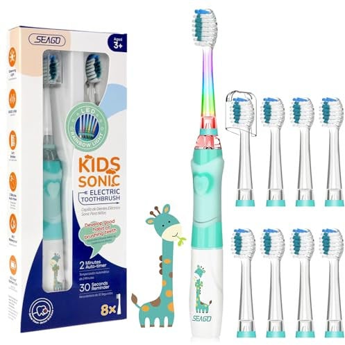 Seago Elektrische Zahnbürste Kinder ab 3-12 jahre Kinderzahnbürsten Elektrisch mit Farbigem Licht Smart Timer 8 Weich Bürstenköpfes Wasserdicht Baby Schallzahnbürste SG977 (Grün-8)