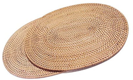 Set Mit 2 Handgewebten Tischsets aus Natürlichem Rattan Hitzebeständiger Unterlage Dreibein(Oval 30x40cm)