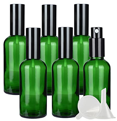 ZEOABSY 6 Pcs 100ml Empty Green Glass with Fine Mist Spray Bottles Travel Portable Small Refillable Sprayer Bottles with Black Pump Head for Cosmetic Perfume Containers, with 2X Funnel