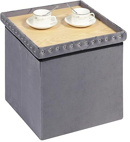 Bonlife Velvet Ottoman with Storage,Folding Coffee Table with Seat,Cube Storage Boxes with Lids,Footstool for Living Room,Grey,40x40x40cm