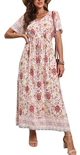 GRECERELLE Womens Summer Maxi Boho Beach Dress Floral Print Dress V Neck Short Sleeve Drawstring High Waist Flowy Long Midi Dresses (Hibiscus White, L)