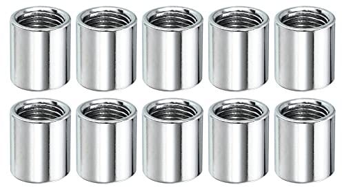 sourcing map Round Coupling Nut, M10x1mm Female Thread 15mm Threaded Round Sleeve Connector Rod Bar Stud Tube Nut Hardware Fastener, Silver Pack of 10