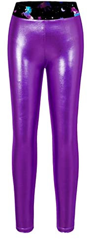 TiaoBug Leggings Lucidi Bambina Ragazza Leggins da Danza Disco Jazz Ginnastica Pantaloni Skinny da Allenamento Yoga Corsa Fitness Pants Leggings a Vita Media 4-14 Anni Viola 3-4 Anni