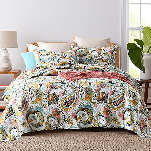 VISIMISI Tagesdecke 240x260cm Baumwolle Weiß Blumen Paisley Bettüberwurf 250x270cm Steppdecke mit 2 Kissenbezug Wendedecke Ganzjahresdecke für Doppelbett