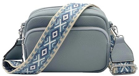 FASHION YOU WANT Crossbody Bag Damen Leder Breiter Gurt Handtasche Umhängetasche Moderne Taschen mit breitem Schultergurt,Abnehmbarer Schultergurt,Schwarz. (hellblau)