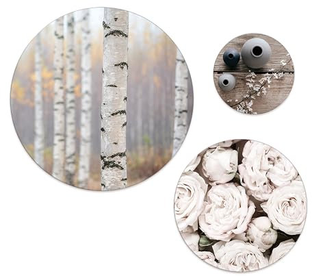artissimo, Bilder-Set bestehend aus 3 runden Wandbildern, AG5312, Wandkreise 55cm/40cm/25cm, moderne Bilderwand, Wandbilder, Bild rund, Wanddeko Kreise, beige, Natur, Blumen und Wald