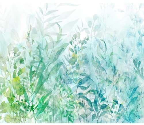 decomonkey Premium Fototapete Pflanzen 400x280 cm Tapete Fototapeten Vlies Tapeten Vliestapete Wandtapete moderne Wand Wandbild Schlafzimmer Wohnzimmer Natur Laub Blatt Blätter Blumen Grün Blau