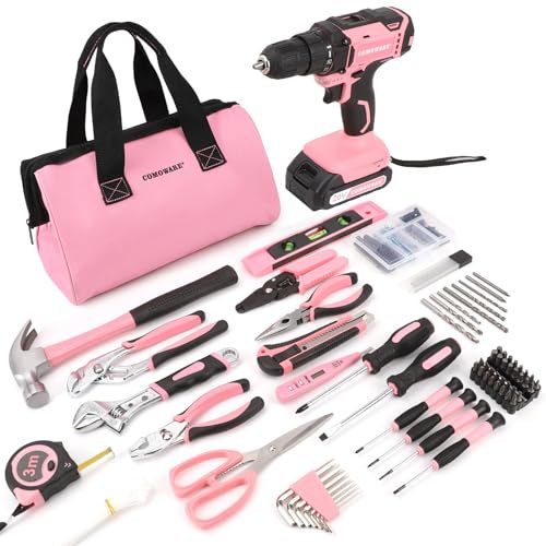 COMOWARE 171Pcs Home Tool Kit with 20V Power Drill, Pink Drill Set for Women, Lady's Home Repairing Tool Set with Storage Bag for DIY Home Maintenance