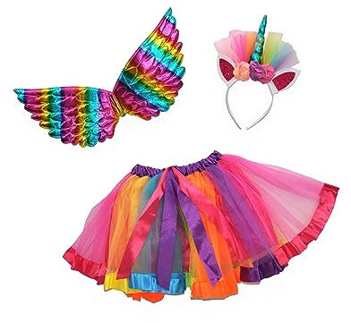 Ciao- Rainbow Unicorn disguise kit (tutu skirt, wings, tiara with horn), multicolor