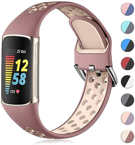 CeMiKa Sport Silicone Strap Compatible with Fitbit Charge 5 Strap, Soft Adjustable Breathable Bands for Waterproof Replacement Wristband Straps, SmokeViolet, S 5.5''-7.1''