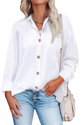 Hotouch Chemisier Chemise Blanche Femme Chemise à Manches Longues avec Boutons pour Le Travail De Printemps Ou Top Blanc S