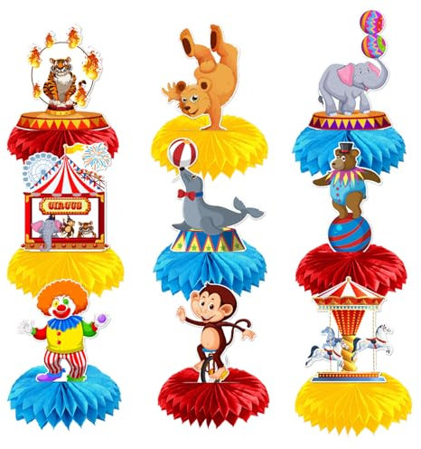xlwen 9 Stück Karneval Bienenwaben Tischdeko 3D Clownkopf Zirkus Tier Party Bienenwabe Mittelstücke Tischdeko für Karneval Kinder Zirkus Geburtstag Party