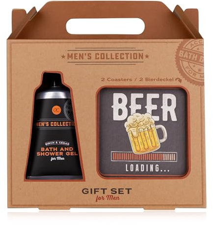 Accentra Coffret cadeau MEN'S COLLECTION dans une boîte cadeau en papier kraft avec poignée, avec gel de bain 60 ml et gel douche, 2 sous-verres carrés, parfum : bouleau et cèdre – marron