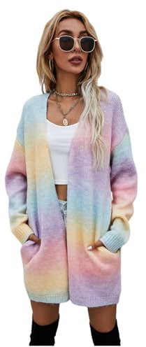 HEYPORK Damen Herbst Winter Warm Bequem Jacke Casual Mode übergangsjacke Mantel Frauen Pullover Regenbogen Mittlere Länge Strickjacke Tasche Gestrickt Jacke(Y Rosa, L)