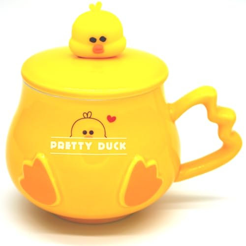 Tazza Gialla a Forma di Papera,Viene fornito con coperchio e cucchiaio,Divertente tazza da caffè con anatra in ceramica,450ml,per Colazione, Farina D'Avena,caffè, Latte, Tè al latte, tè ecc (A)