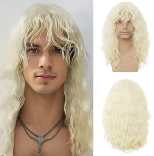 Salaibs Blonde Long Curly Wigs for Men 70s Rocker Shoulder Lenght 80s Hair Wig with Bangs Fluffy Punk Heavy Metal Wig for Party Cosplay Halloween Use