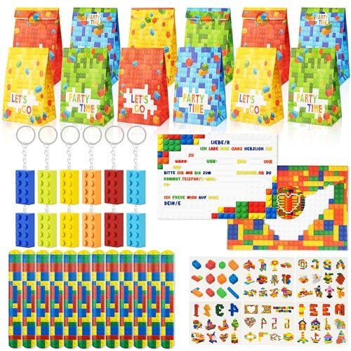 102Pcs Bausteine Kindergeburtstag Mitgebsel Bausteine Geschenktüten Kindergeburtstag, Einladungskarten, Schnapparmband, Schlüsselanhänger, Tattoo Aufkleber Building Block Party Gastgeschenk Kinder