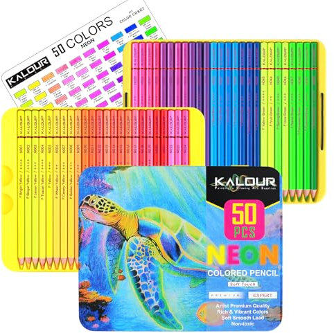 KALOUR PDAS 50 Neon-Buntstifte für Erwachsenen-Malbücher, fluoreszierende Farben, professionelles Zeichenstifte-Set, Kunstbedarf-Set für Erwachsene, Anfänger, Künstler, weicher Kern