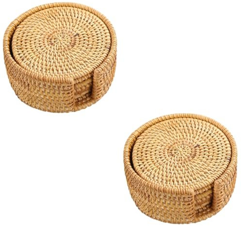 12 Pièces sous-Verres Rotin Sets De Table Tressés Ronds Décor en Macramé Plaquette en Osier Dessous De Verre en Macramé Dessous De Plat Rond Tressé en Paille Déco Tendance en Bois Amosfun