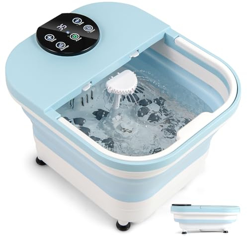 RELAX4LIFE Foot Spa Bath Massager, Foldable Electric Foot Soaking Tub with Heat Bubble, 35-48℃ Adjustable Temperature, Shower & Timer, 30 Massage Rollers, Fast Heating and Pedicure Footbath (Blue)