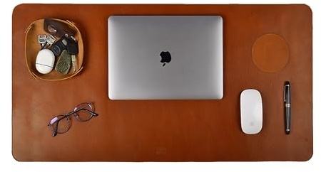 Leather Village Real Leather Desk Mat Pad 32x16 for Laptop, Tan | 3mm Thick Desk Cover, Protector & Blotter with Leather Pen Tray & Tea Coaster, Non-Slip Base, Tan Color
