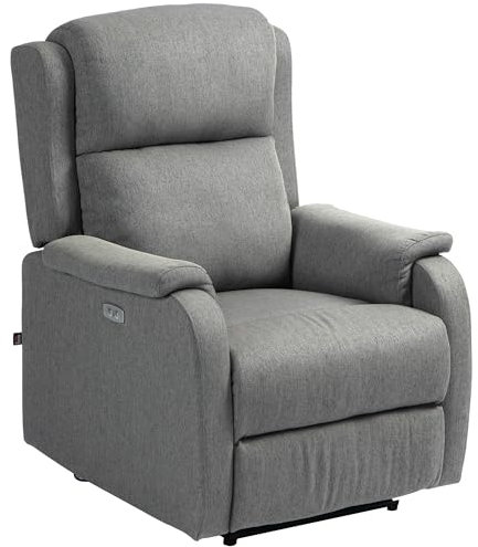 HOMCOM Poltrona Relax Elettrica con Poggiapiedi e Presa USB, Poltrona Reclinabile Elettrica 160° in Tessuto effetto Lino, Legno di Pioppo per Soggiorno, Salotto e Camera da Letto, Grigio Chiaro