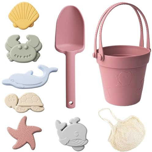 Sandspielzeug für Kinder, 8pcs Safe Silikonstrandspielzeug mit Schaufel, Eimer und Sandformen, wasserdichte Sandkastenspielzeug für Reisen im Freien im Freien, Ziegelrot, Sandspielzeug