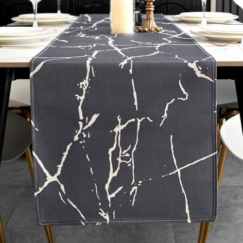 ViaElayu Tischläufer Modern Grau Weiß Marmor Textur Abstrakte Abwaschbar Outdoor Frühling Landhausstil Vintage Bauernhaus Rechteckige Tischdecke Küche Tisch Läufer Party Deko 33x183 cm