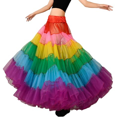 Tüllrock Damen Mehrfarbig Regenbogen A Linie Maxi Tutu Rock Plissee Bodenlang Petticoat Reifrock Braut Mesh Krinoline Röcke Bunte Feder Stirnband Regenbogenrock Damen Tüll 50er Tutu (Red, One Size)