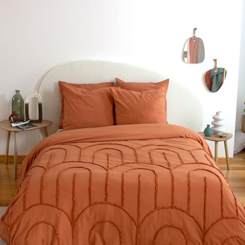 CÔTE DECO Bettwäsche 220 x 240 cm für Erwachsene – Bettbezug 220 x 240 cm + 2 Kopfkissenbezüge 63 x 63 cm – Bettwäsche-Set aus 100 % gewaschener Baumwolle (Arche Rot)