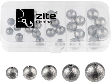 Zite Fishing Lochblei Sortiment 30 Stück | 5–20 g Kugelbleie mit Schnurkanal | Grundblei für Vorfachmontage | In Sortierbox für Ordnung | Für Grund- & Strömungsangeln
