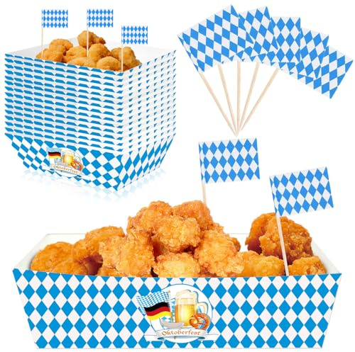 Oktoberfest Geschirr Set mit Oktobefest Papiertabletts und 100 Stück Bayern | Zahnstocher Flaggen, Bayerische Partygeschirr,für oktoberfest Deko Oktoberfestparty Grillfeste Bierfest Mottopartys
